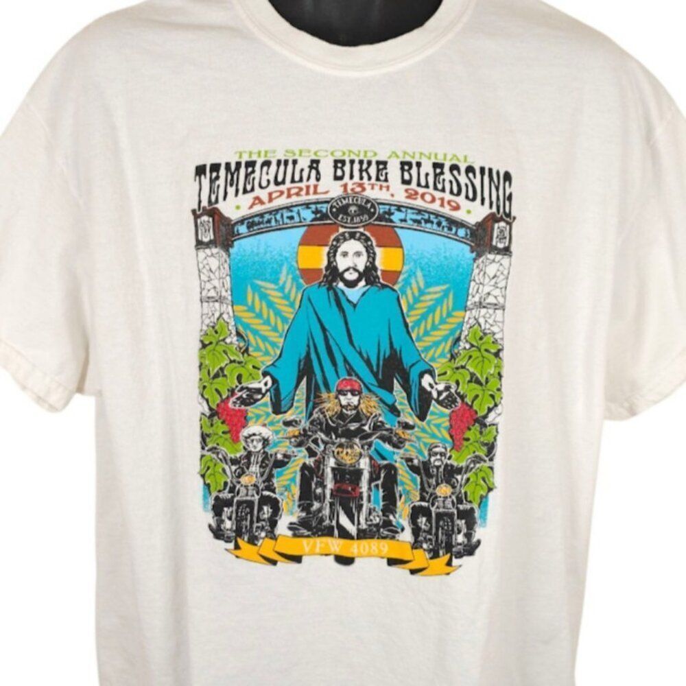 Biker T Shirt Mens Size XL White 2019 Temecula Bike Blessing Jesus Christ VFW